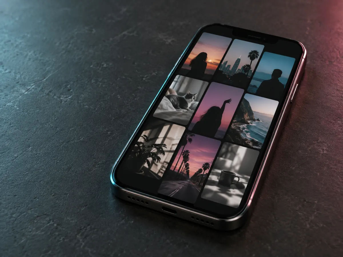 Smartphone displaying a grid of public social video thumbnails